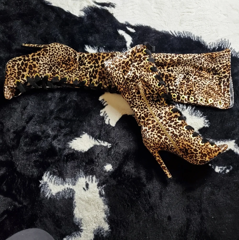 🔥SEXY🔥Camel Leopard Velvet OVER THE KNEE Boot - Picture 9 of 13